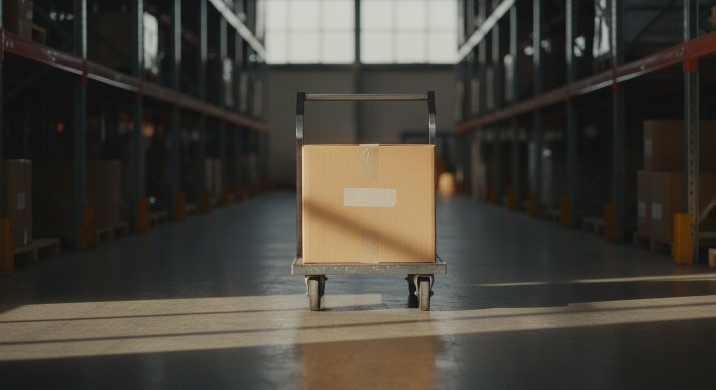 A taped cardboard carton on a steel trolley in a warehouse aisle, with one pale strip of adhesive where a label has been pulled away.