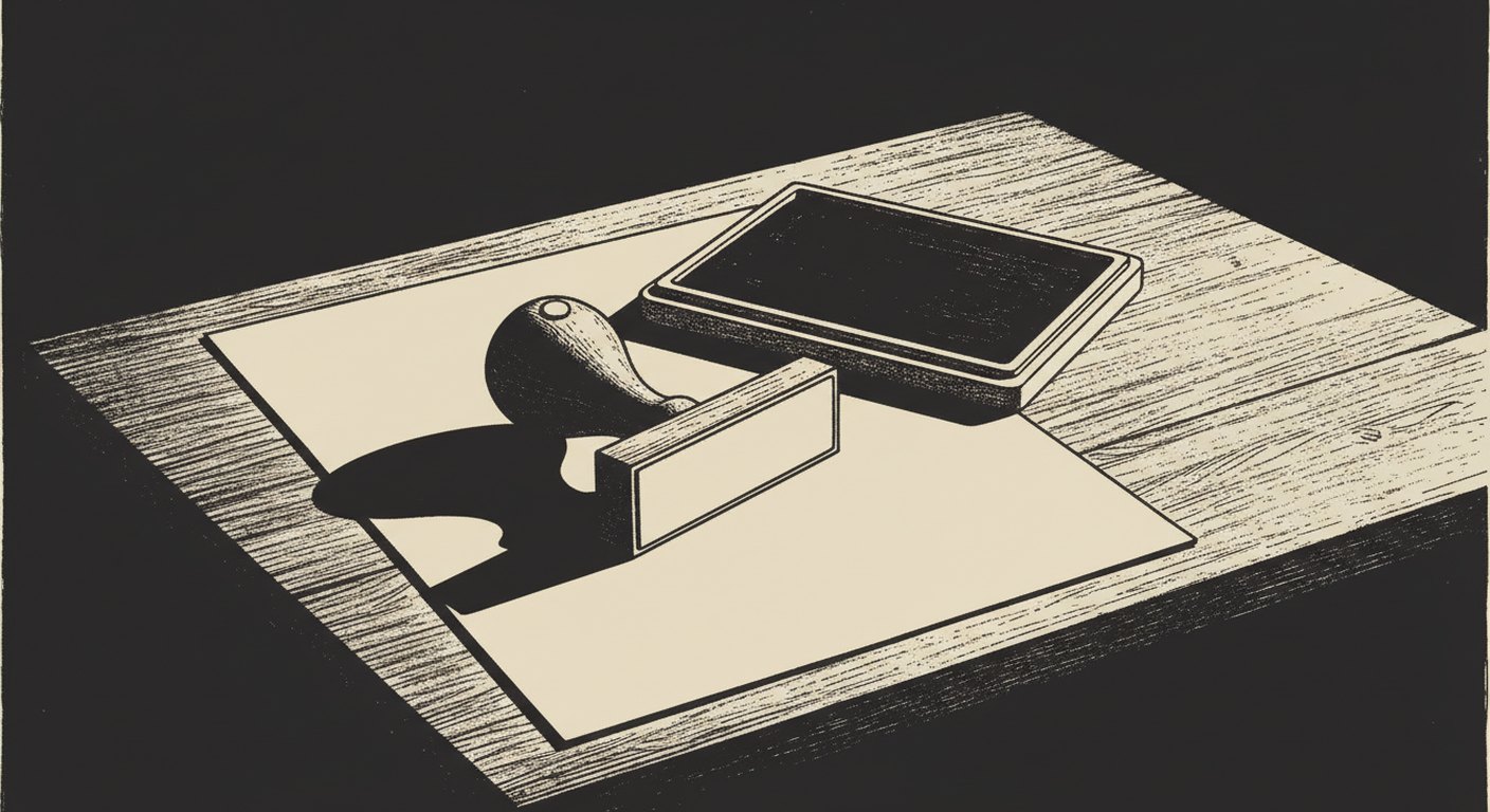 A rubber stamp lying on its side beside an open ink pad and one blank sheet of paper on a desk, cut as a single-ink print.