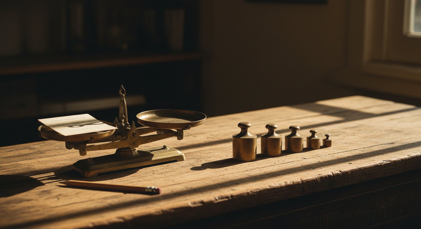 A set of brass scale weights on a worn wooden counter beside a stack of delivery notes, with a pair of balance pans catching low afternoon light through a window.