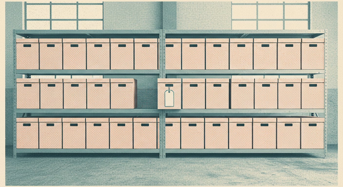 A row of identical stacked cardboard cases on a warehouse shelf with one case pulled forward and standing proud of the line, printed in two inks.