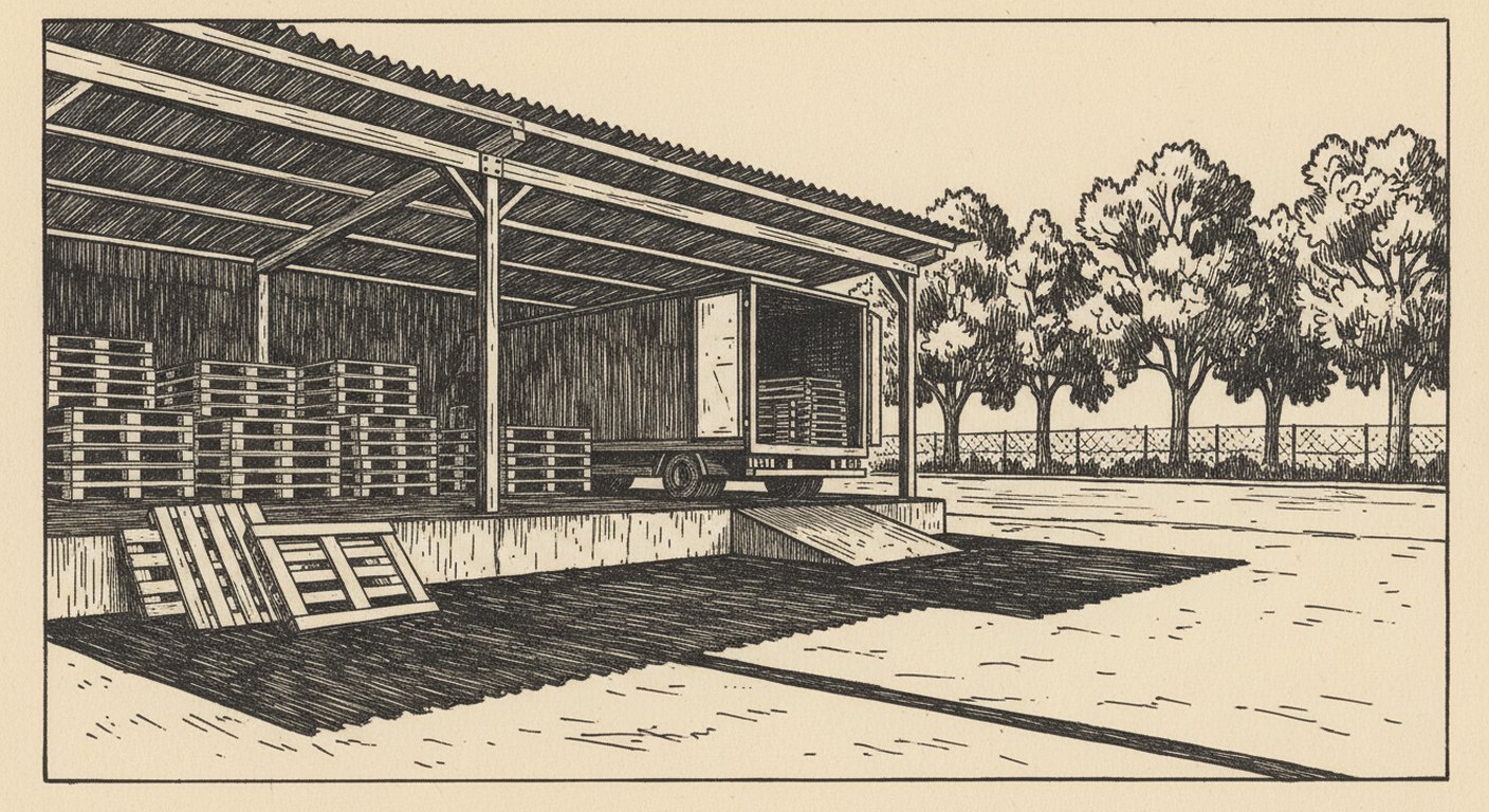 A covered loading bay at a warehouse in early autumn, stacked pallets under the canopy and a lorry backed up to the dock, with plane trees beyond the fence.