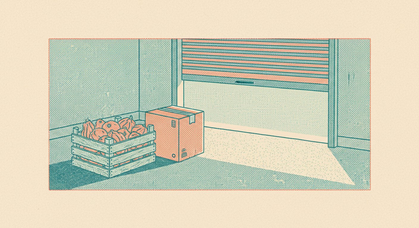 A two-colour print of an open crate of unwrapped produce standing beside a sealed cardboard carton on the concrete floor of a loading bay.