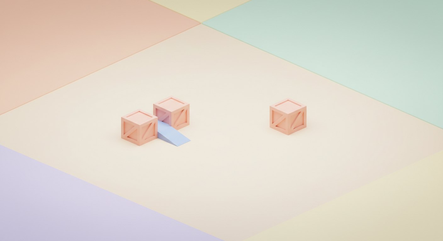 An isometric render of two small crates on a pale ground connected by a low ramp, with a third crate standing apart from the pair on the same level.
