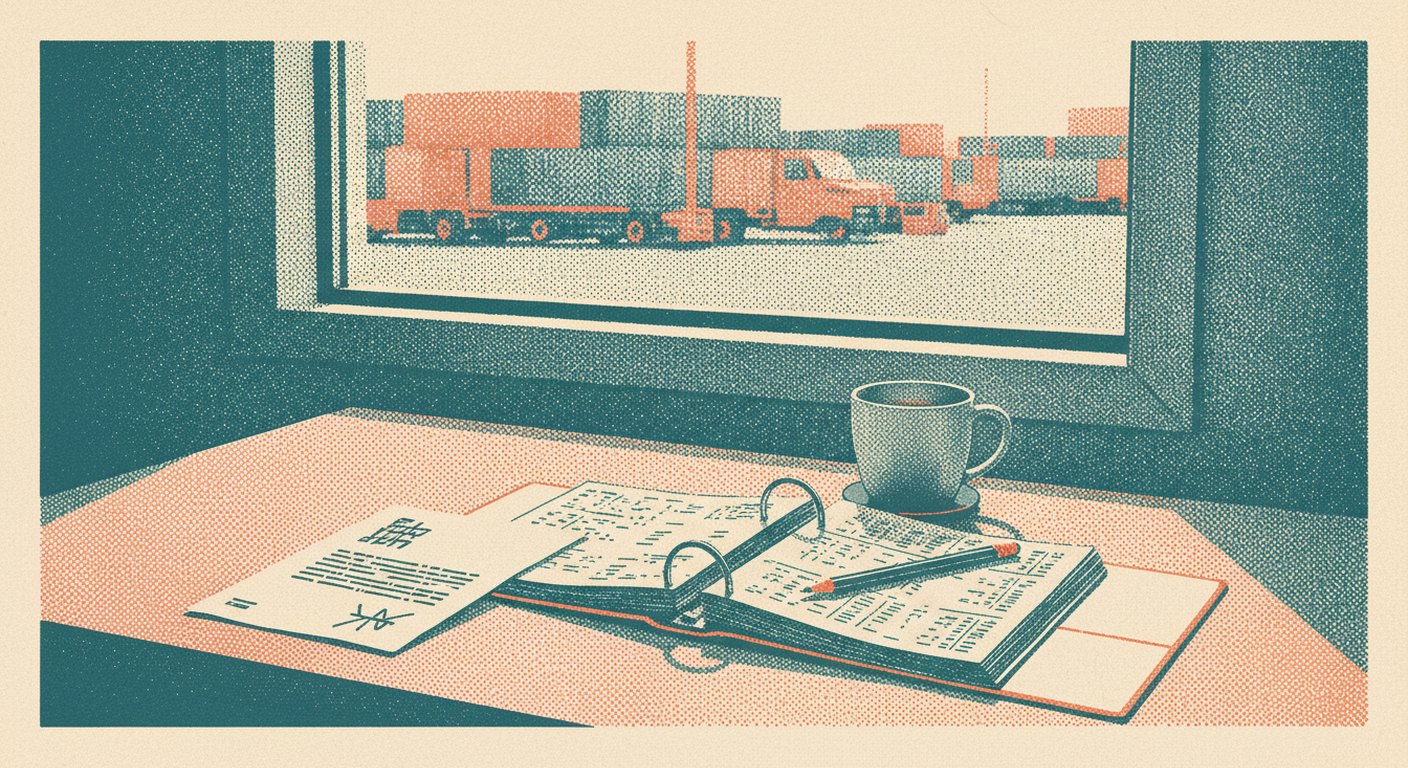 A typed supplier letter lying on a desk beside an open ring binder of price sheets, a cold mug of coffee and a pencil, in low morning light from a window.