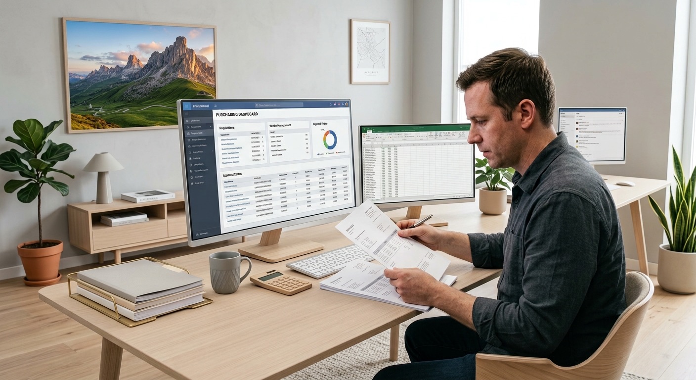 A buyer in a home office holding two printed invoice pages beside a wide monitor of extracted purchasing data and a second screen of spreadsheet rows.