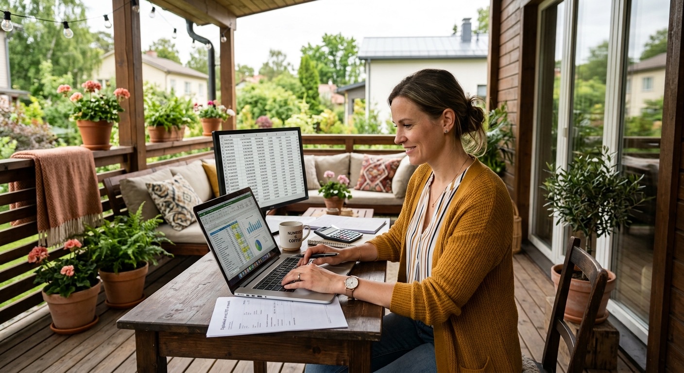 A woman working at a laptop and a second screen of figures on a garden veranda, a calculator and a printed invoice on the table beside her.