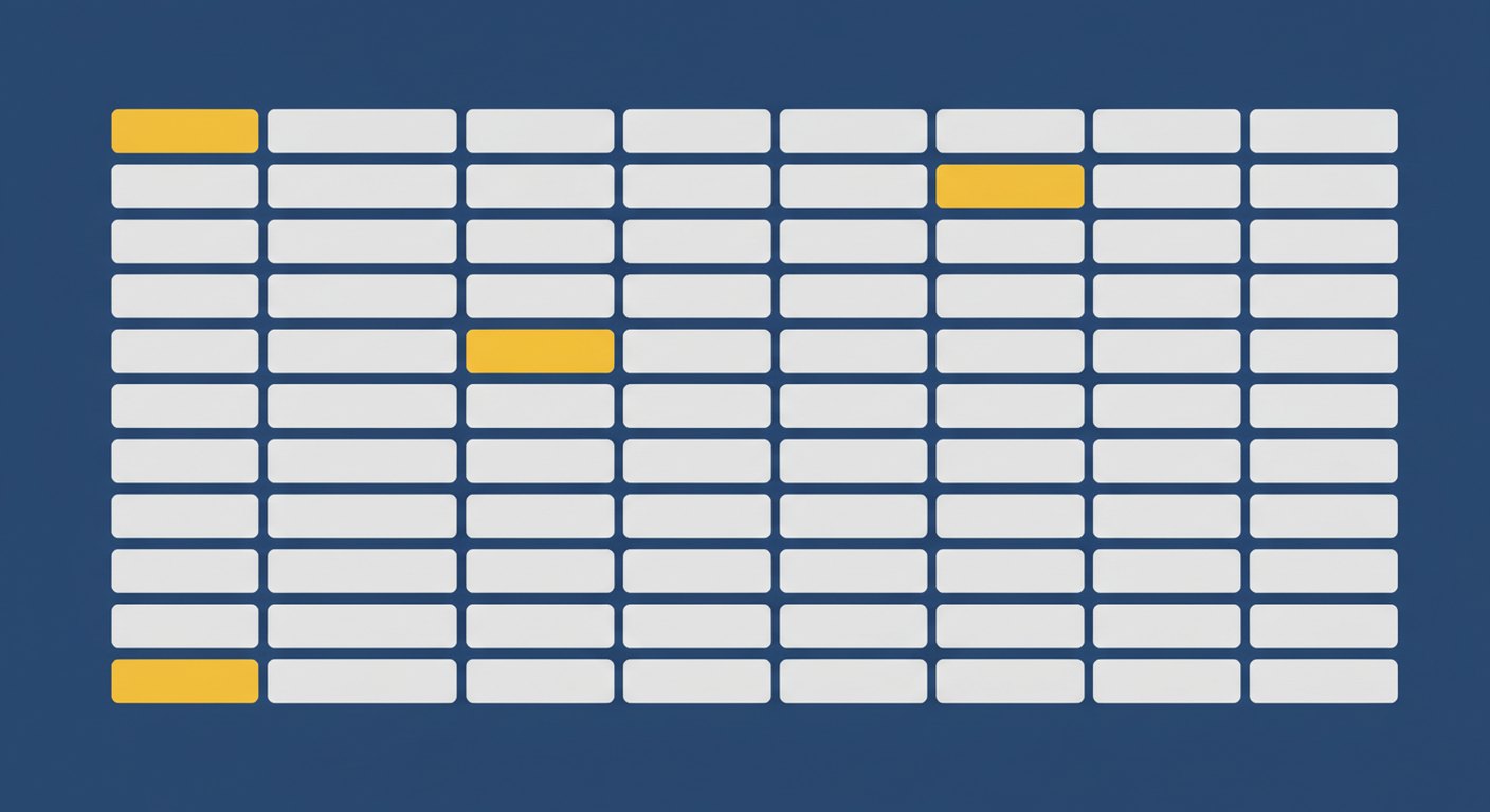 A flat grid of pale rectangles on a dark ground, four of them filled in a stronger colour and one sitting half a square out of line with its row.