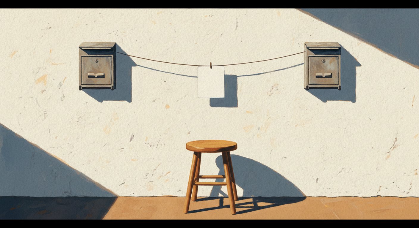Two plain letterboxes on a pale wall joined by a taut wire, with a single folded blank sheet caught halfway along it above a wooden stool.