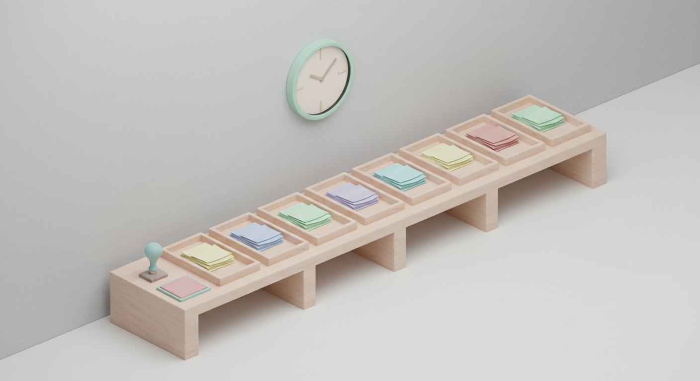 A shallow sorting bench with seven open wooden trays in a row, each holding a small stack of documents, lit evenly from above in a quiet back office.