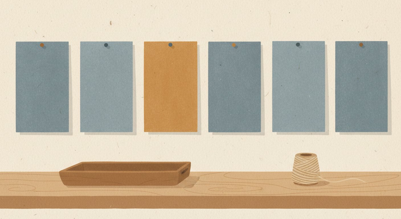 A gouache illustration of six flat paper slips pinned in a row above a workbench, one of them larger and in a warmer colour than the rest.