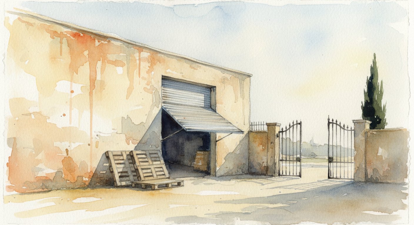 A watercolour of a pale stucco warehouse yard with a half-open roller door, three stacked wooden pallets against the wall and a cypress beyond the gate.