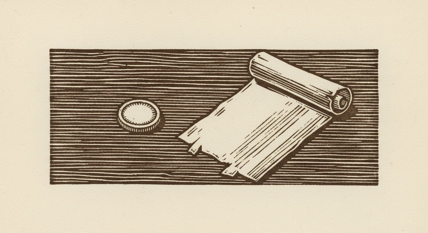 A linocut of a single coin lying on a bare tabletop beside the torn corner of a long folded paper roll, cut in one dark ink on cream paper.