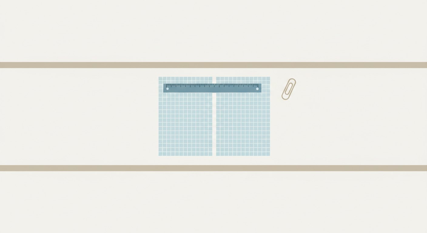 Two sheets of blank grid paper laid side by side on a pale counter with a short steel ruler across both, holding one row level with the other.