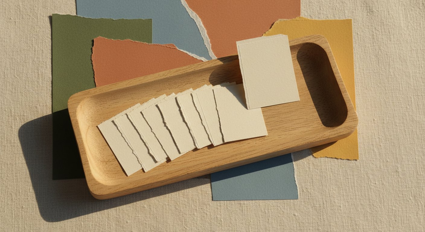 Seven small blank cards overlapping in a row inside a shallow wooden tray, with one card lifted upright and standing clear of the others.