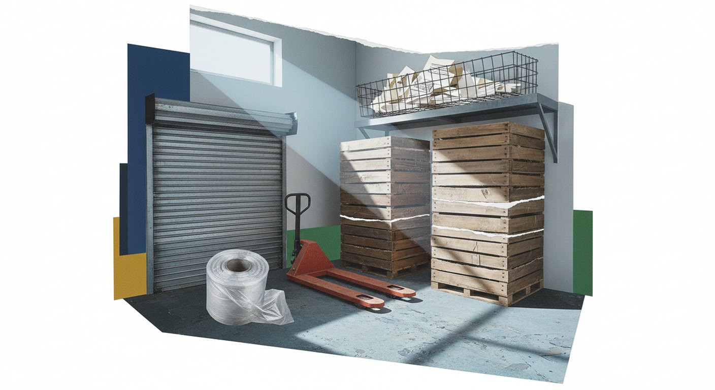 A pallet truck standing beside stacked wooden crates in a small distributor's storeroom, with a wire tray of paperwork on a shelf beside the roller door.
