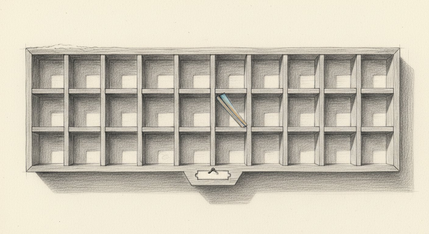 An empty office pigeonhole rack of small wooden compartments, most of them bare, one holding a single folded sheet, drawn in pencil with one compartment shaded red.