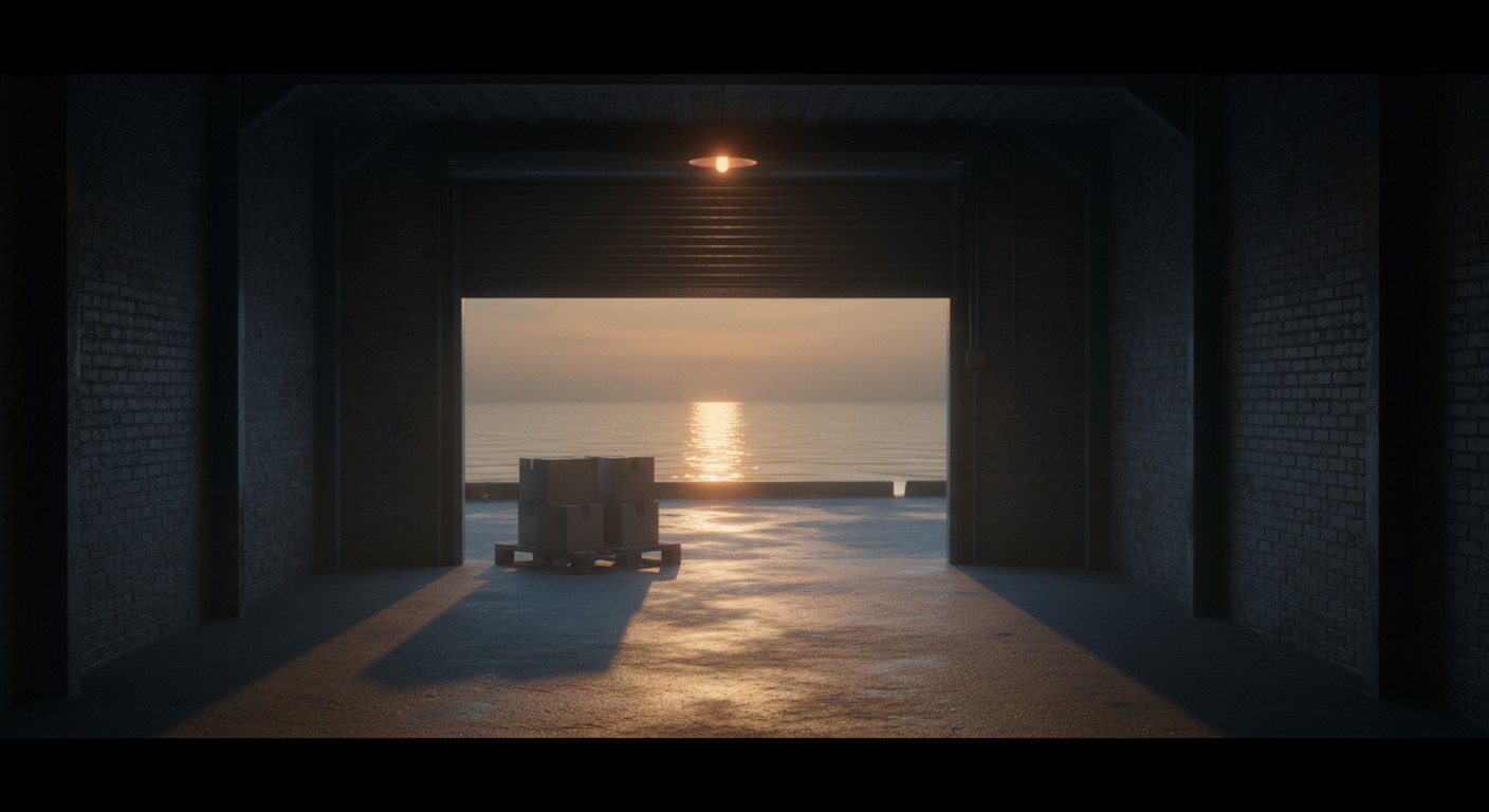 A half-raised brick loading bay shutter at dusk opening onto a wet quayside, with one pallet of unmarked cartons waiting inside near the threshold.