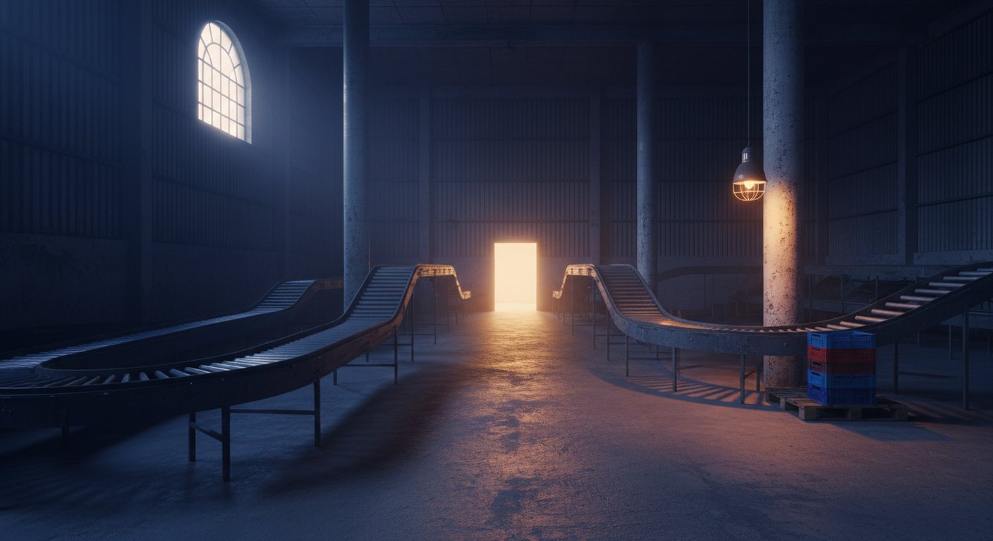 An empty parcel sorting hall at night, steel roller conveyors curving away between steel pillars, with one lit doorway at the far end throwing a long reflection.
