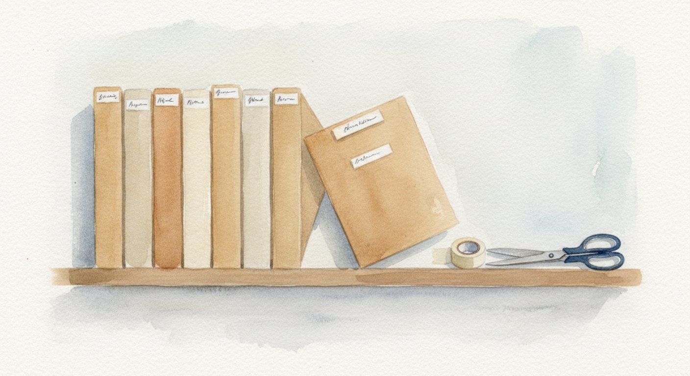A row of cardboard document wallets on a shelf, each with a handwritten date tab, one pulled half out, in the flat daylight of a small back office.