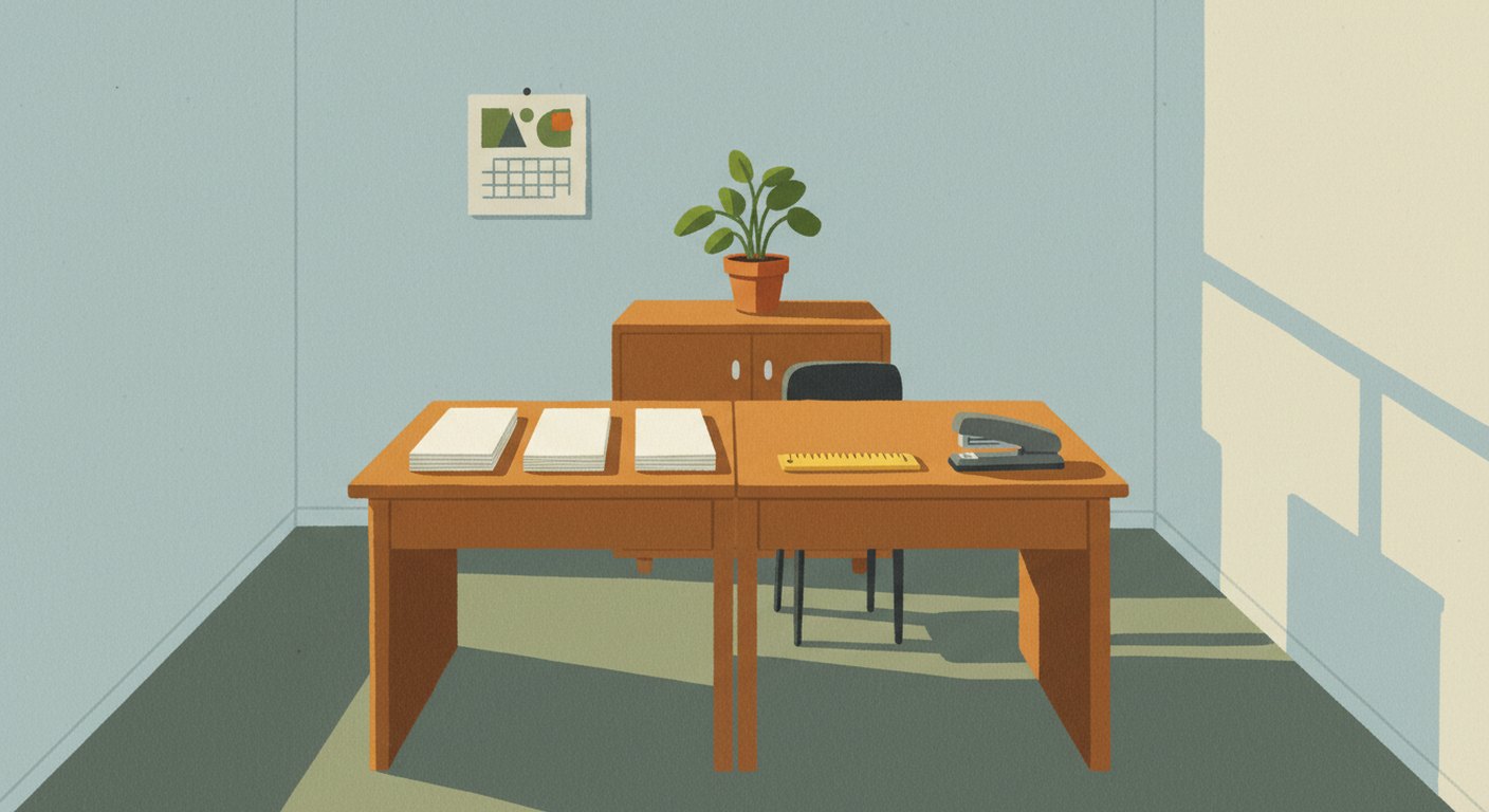 Two desks pushed together in a small office, three neat stacks of paper standing in a row on the nearer one, a wall calendar and a potted plant behind them.