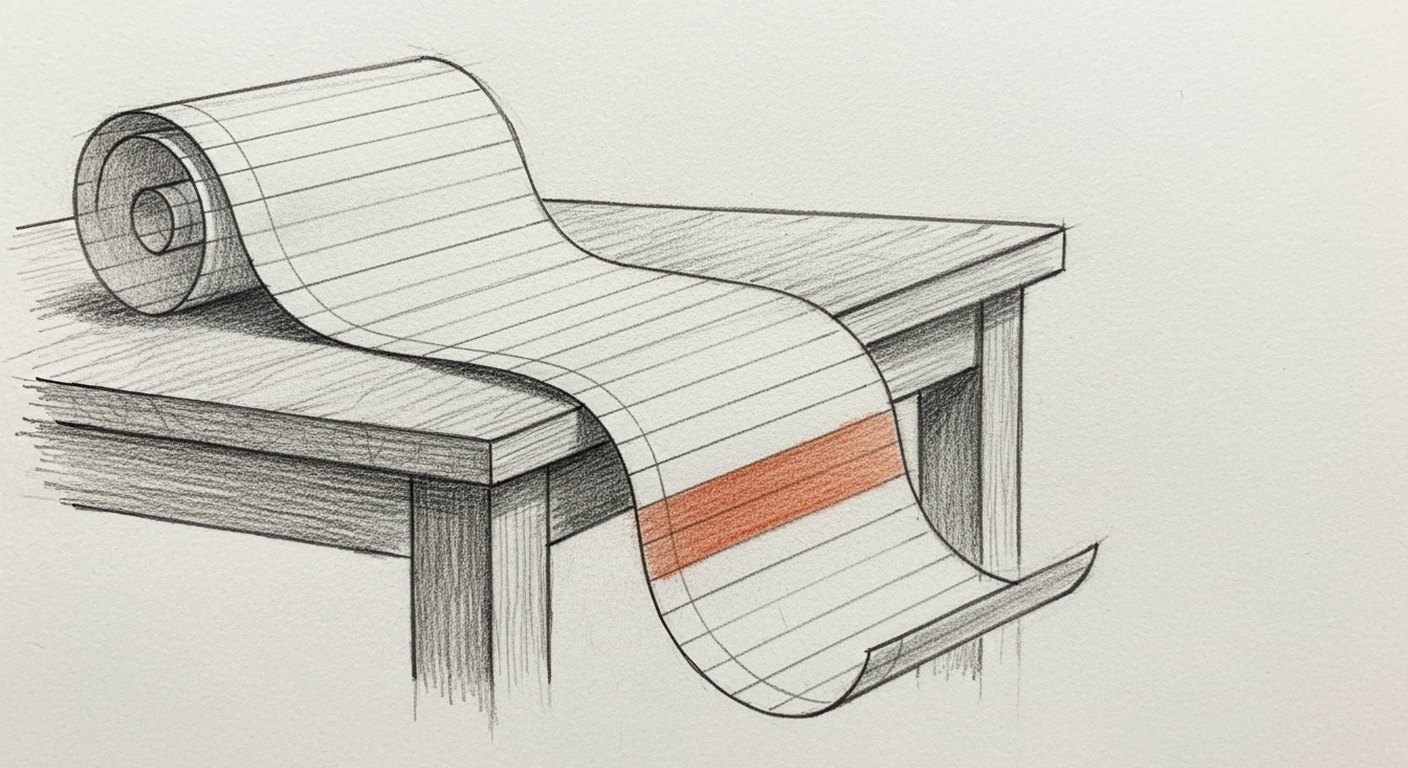 A pencil sketch of a long paper roll unspooling across a plain table, ruled into narrow blank rows, with one row shaded in coloured pencil.
